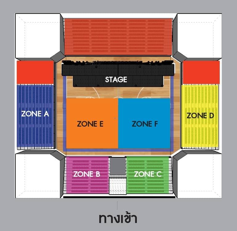 ผังที่นั่งภายในงาน แสดงโซน A ถึง F